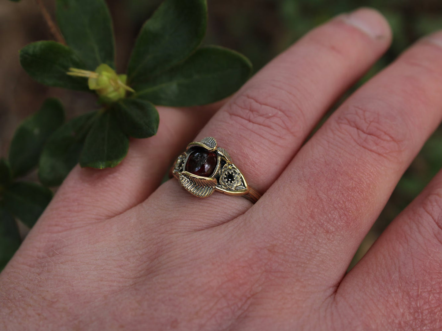 Lotus Leaf Dance - Garnet Gold Lotus Engagement Ring