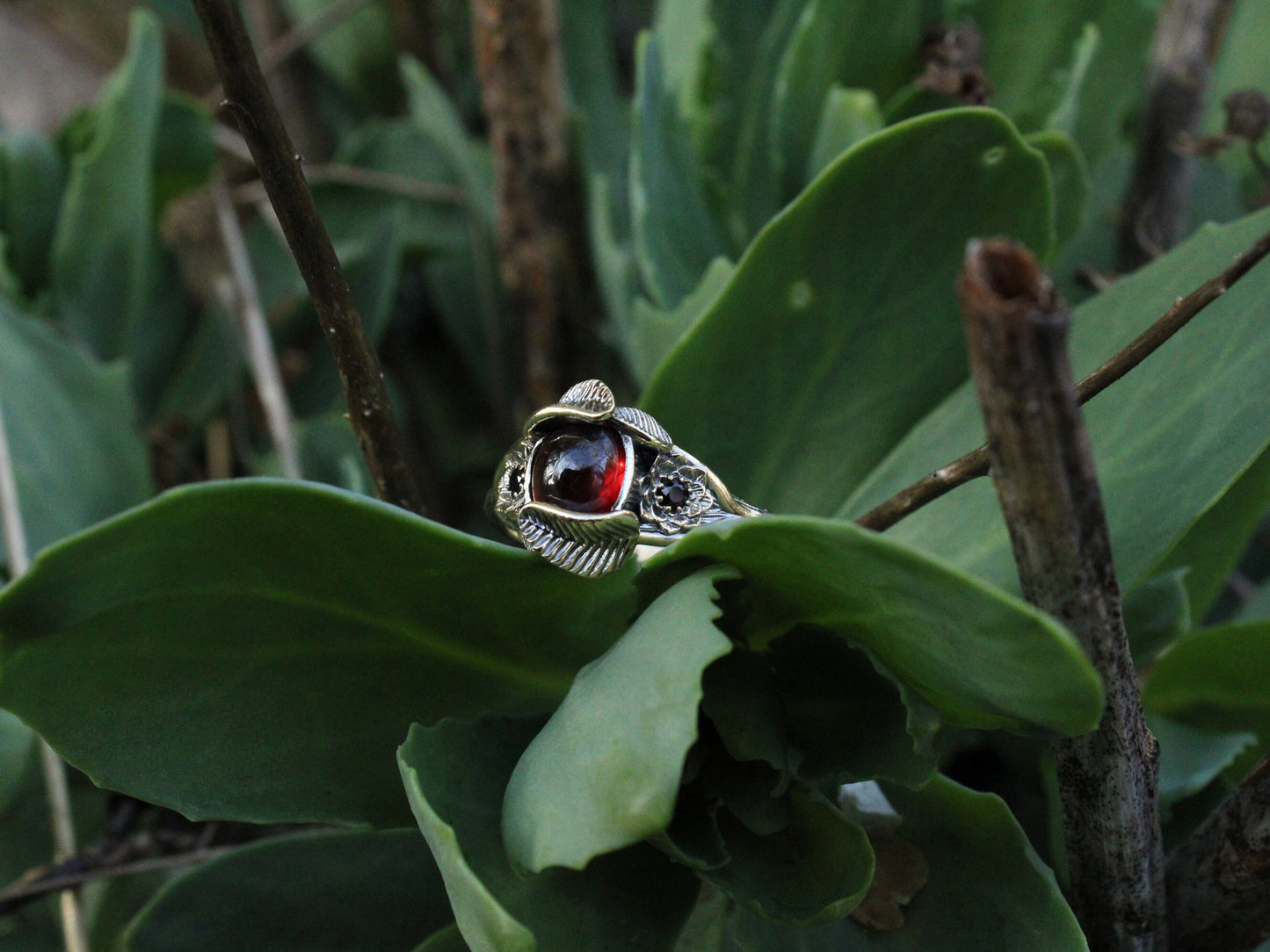 Lotus Leaf Dance - Garnet Gold Lotus Engagement Ring