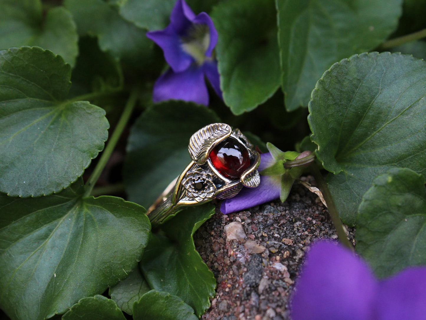 Lotus Leaf Dance - Garnet Gold Lotus Engagement Ring