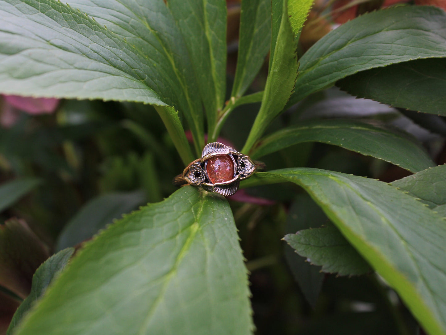 Lotus Leaf Dance, Sunstone Gold Lotus Engagement Ring - JF Fantasy Jewelry