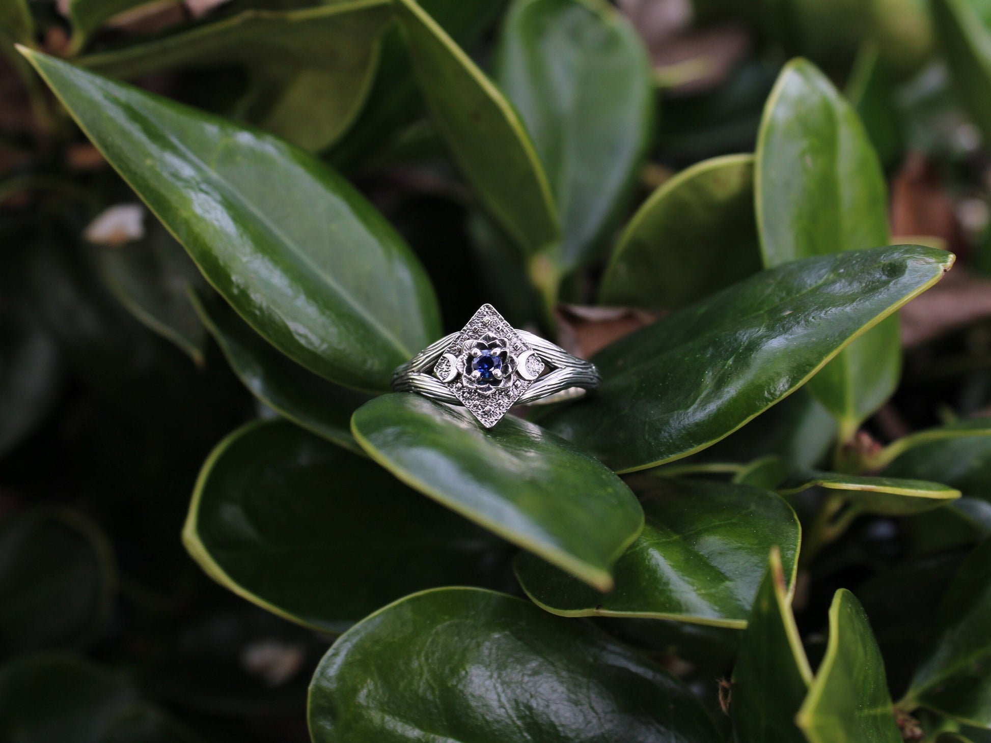 Lunar Bloom, Sapphire Lotus Engagement Ring - JF Fantasy Jewelry