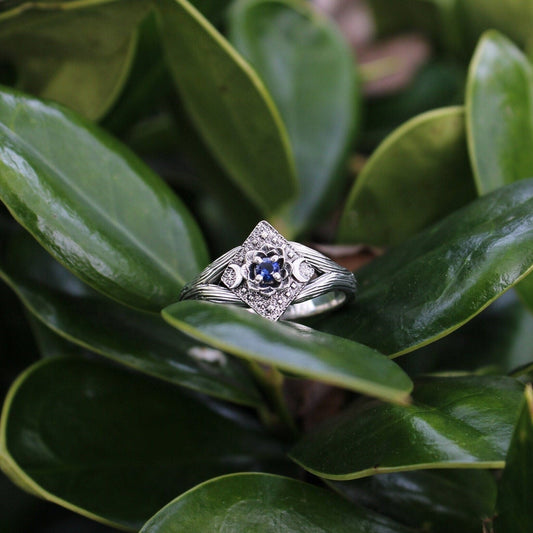 Lunar Bloom, Sapphire Lotus Engagement Ring - JF Fantasy Jewelry