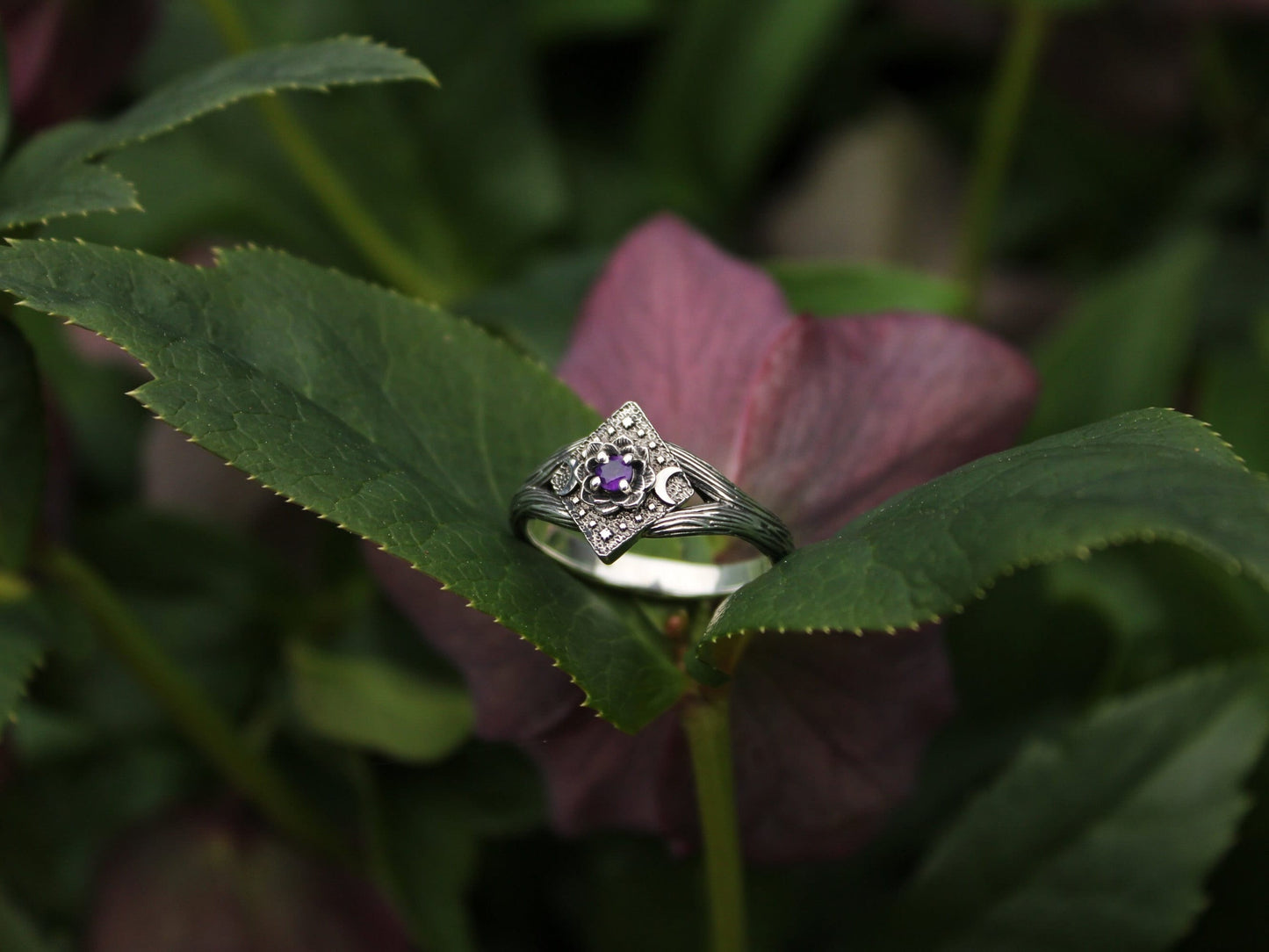 Lunar Bloom - Amethyst Lotus Engagement Ring