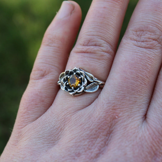 Radiant Bloom, Sterling Silver Citrine Lotus Ring - JF Fantasy Jewelry