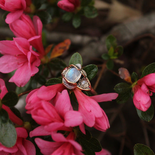 Lotus Leaf Dance, Moonstone Gold Lotus Engagement Ring - JF Fantasy Jewelry