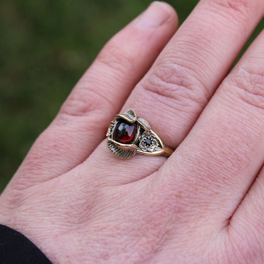 Lotus Leaf Dance, Garnet Gold Lotus Engagement Ring - JF Fantasy Jewelry