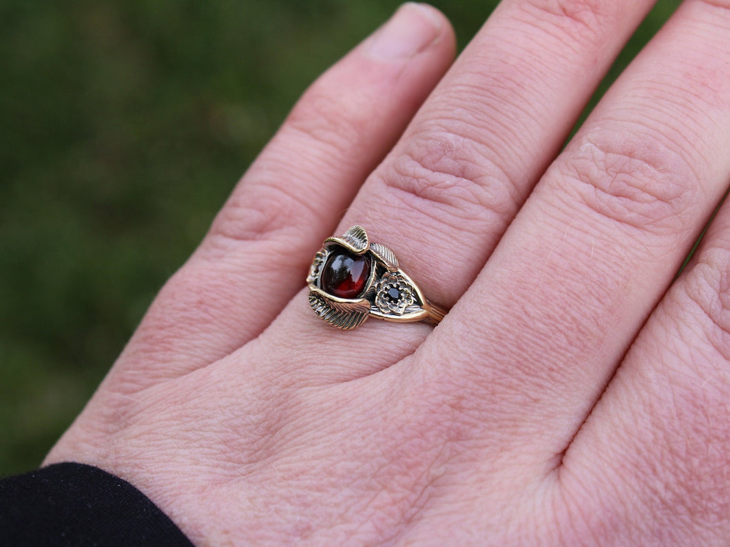 Lotus Leaf Dance, Garnet Gold Lotus Engagement Ring