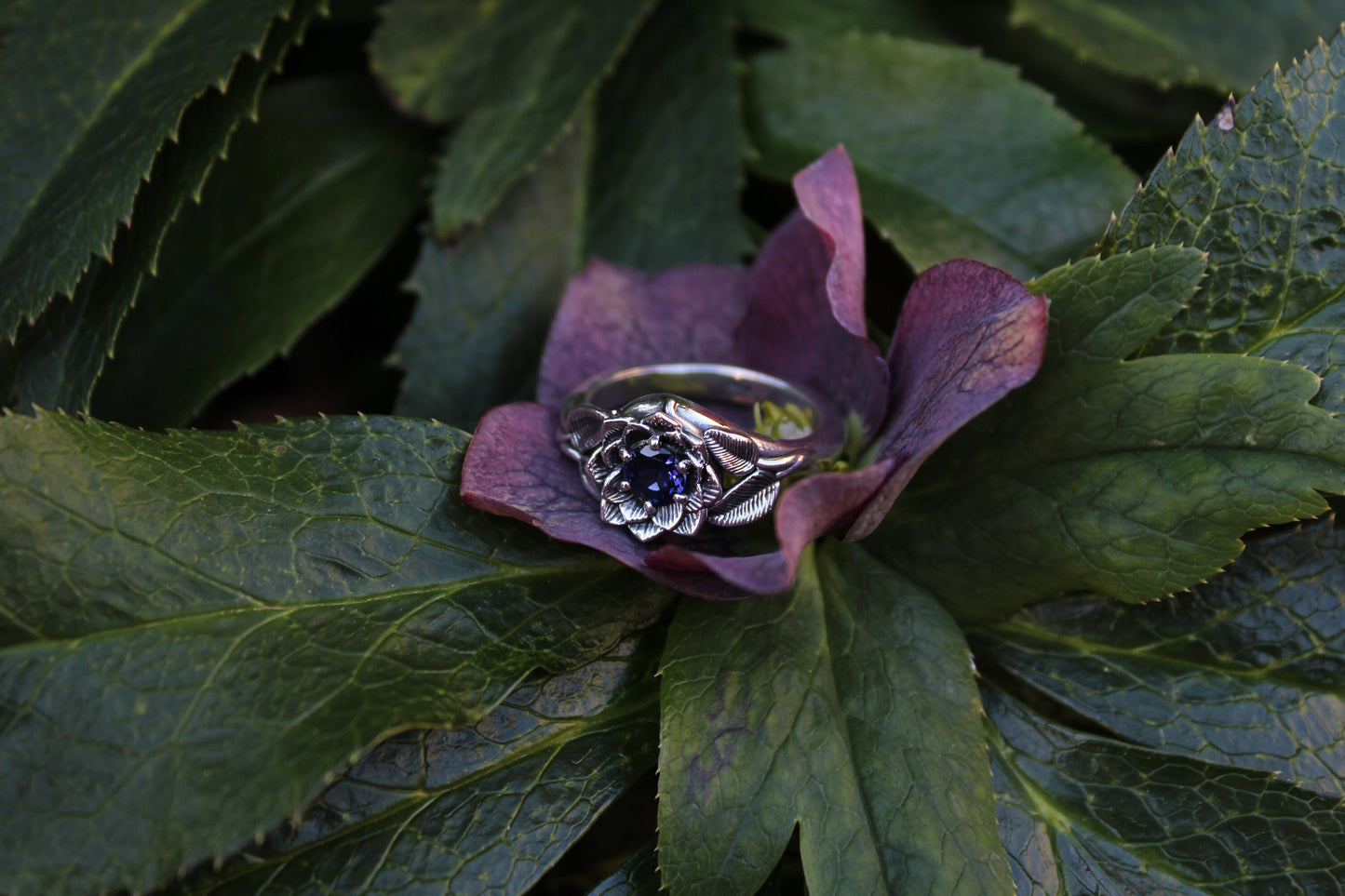 Radiant Bloom - Sterling Silver Iolite Lotus Ring - JF Fantasy Jewelry