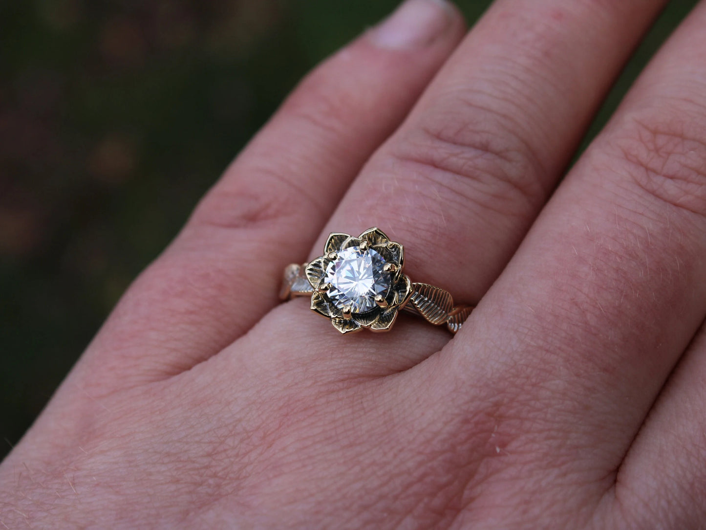 Moissanite Gold Lotus Engagement Ring - JF Fantasy Jewelry