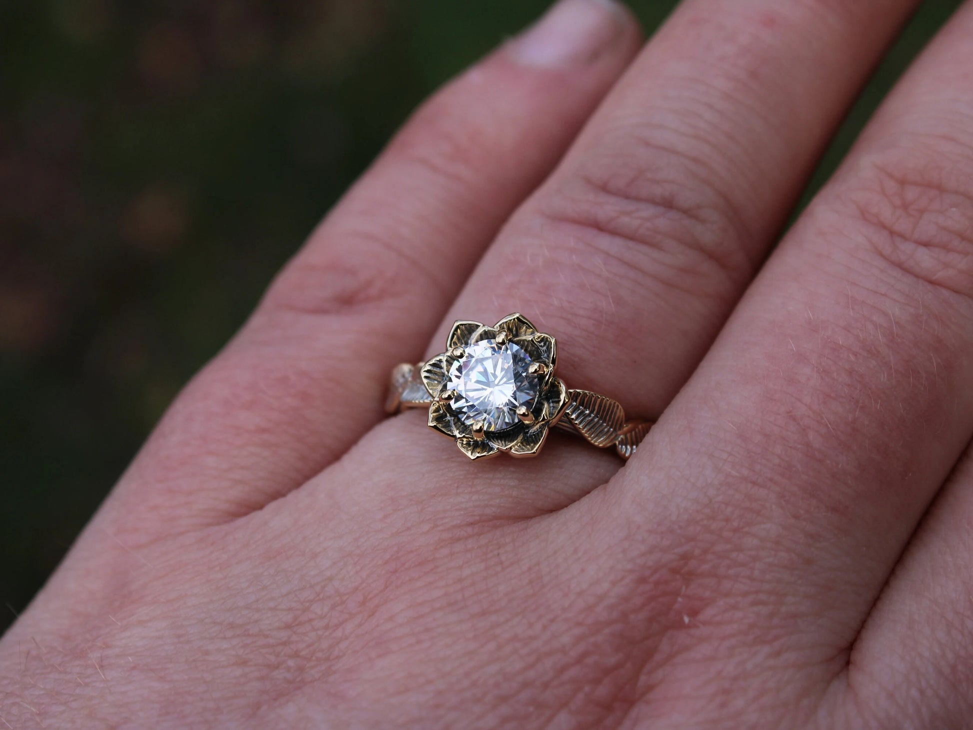 Moissanite Gold Lotus Engagement Ring - JF Fantasy Jewelry