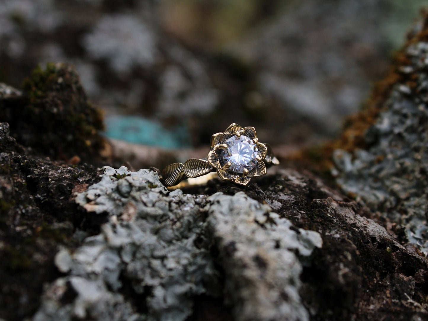 Moissanite Gold Lotus Engagement Ring - JF Fantasy Jewelry