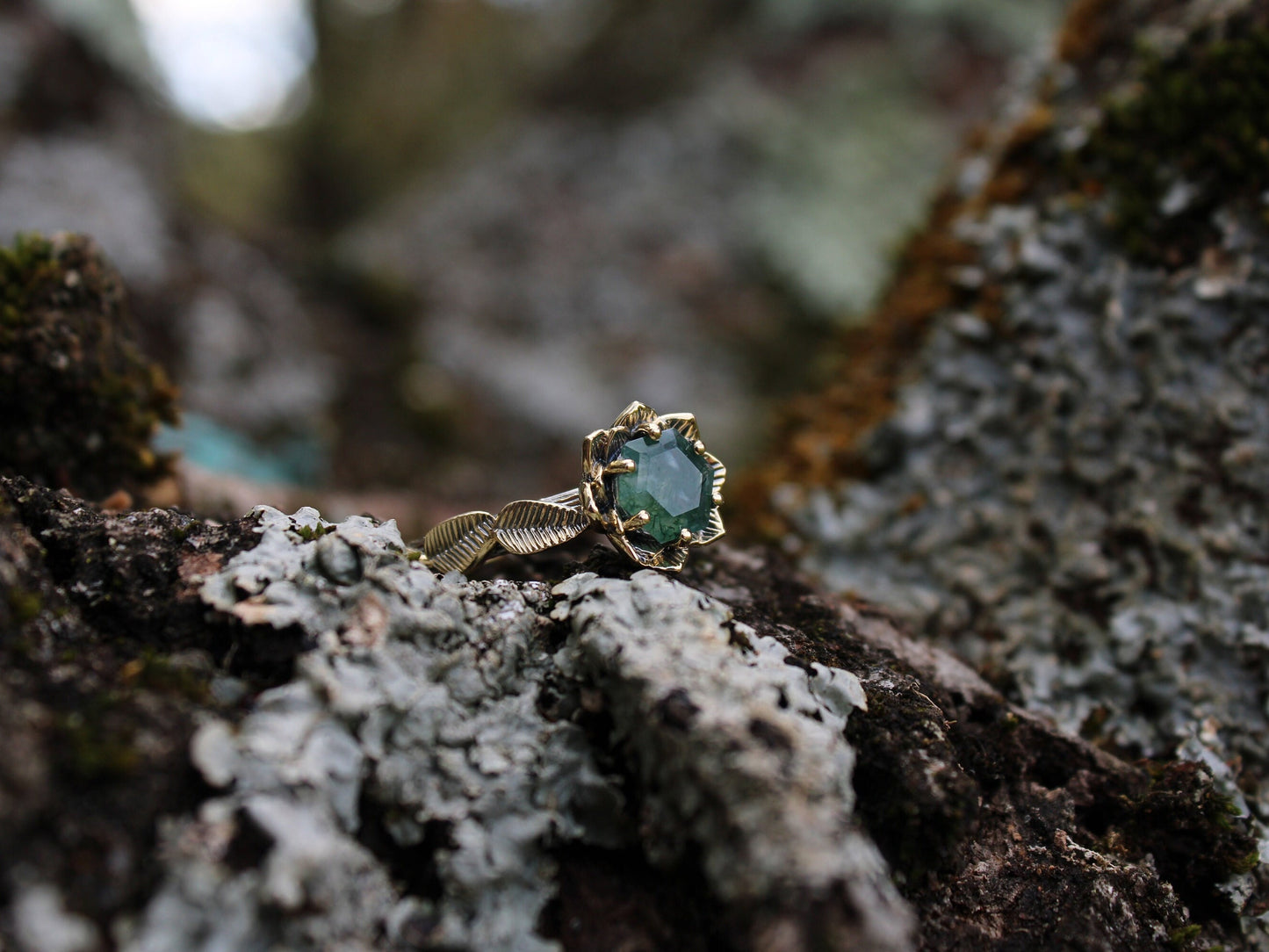 Moss Agate Lotus Gold Engagement Ring - JF Fantasy Jewelry