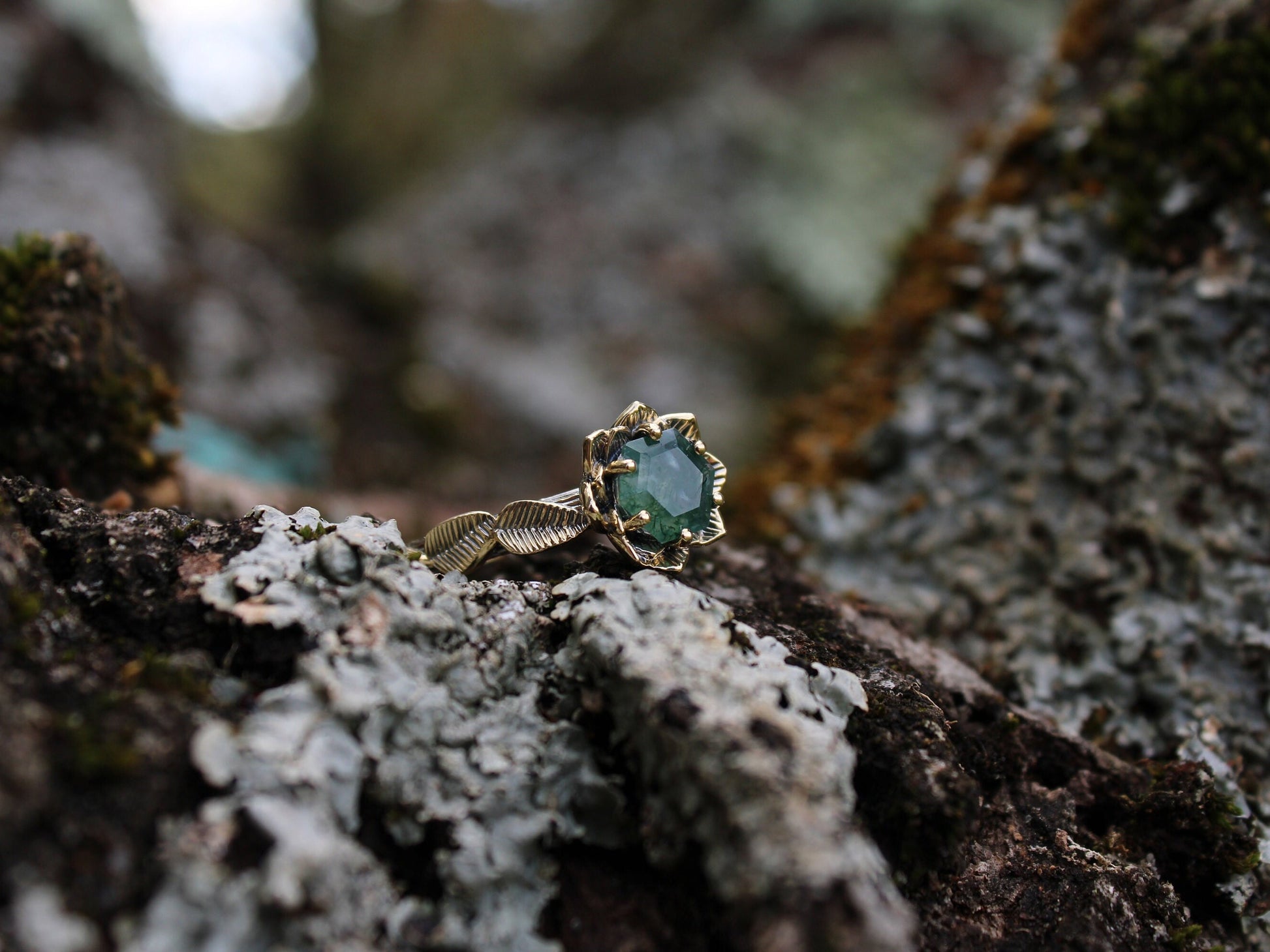 Moss Agate Lotus Gold Engagement Ring - JF Fantasy Jewelry