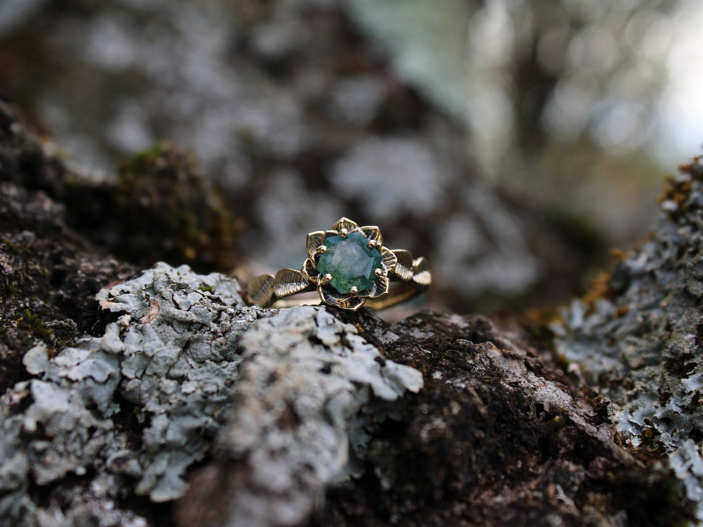 Moss Agate Lotus Gold Engagement Ring - JF Fantasy Jewelry