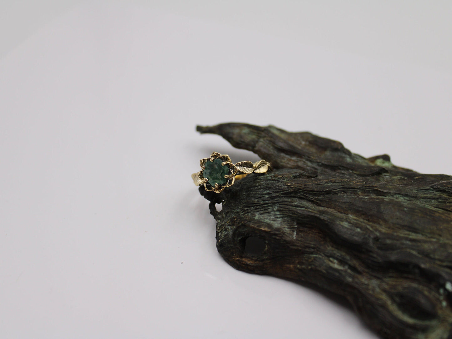 Moss Agate Lotus Gold Engagement Ring - JF Fantasy Jewelry
