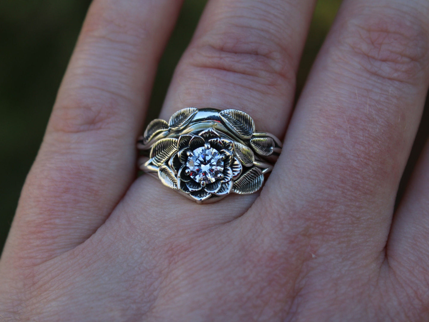 Radiant Bloom Set, Sterling Silver Moissanite Lotus Bridal Set - JF Fantasy Jewelry