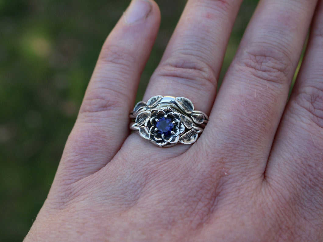 Radiant Bloom Set, Sterling Silver Iolite Lotus Bridal Set