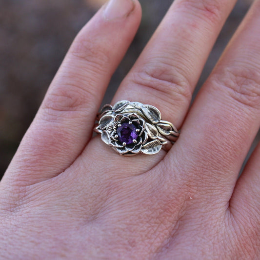 Radiant Bloom Set, Sterling Silver Amethyst Lotus Bridal Set - JF Fantasy Jewelry