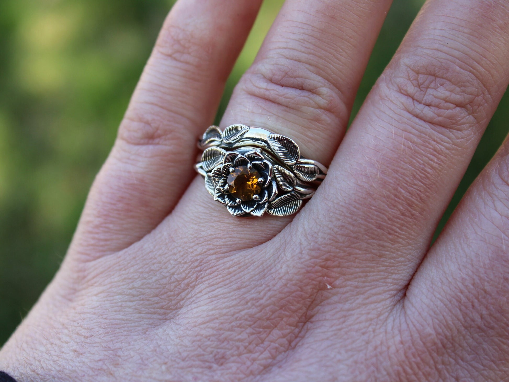 Radiant Bloom Set, Sterling Silver Citrine Lotus Bridal Set - JF Fantasy Jewelry
