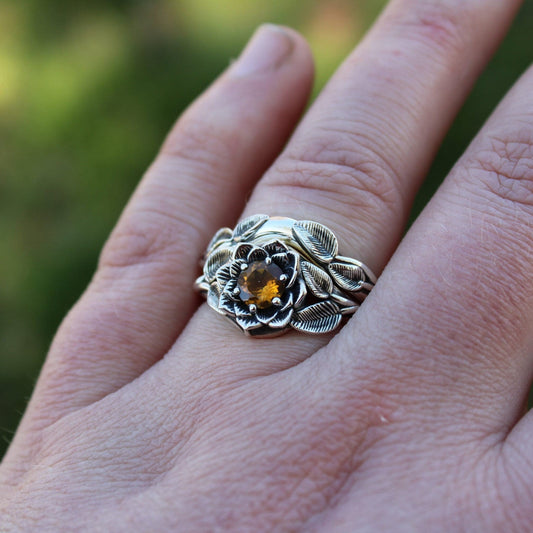 Radiant Bloom Set, Sterling Silver Citrine Lotus Bridal Set - JF Fantasy Jewelry