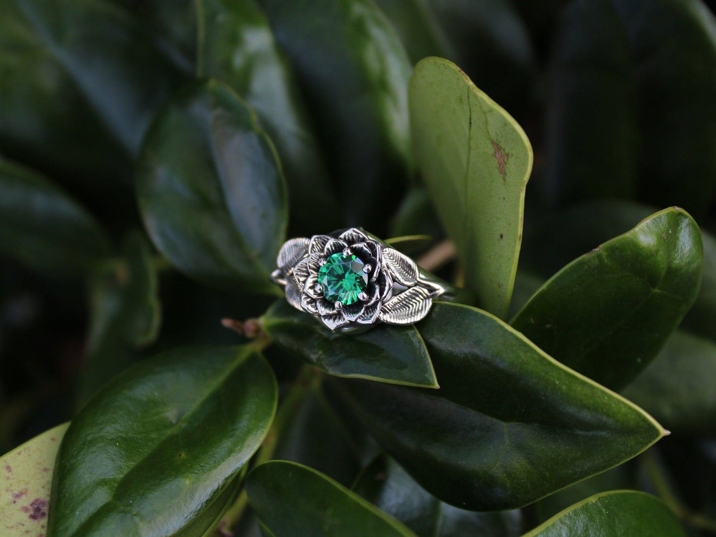 Radiant Bloom - Sterling Silver Green CZ Lotus Ring