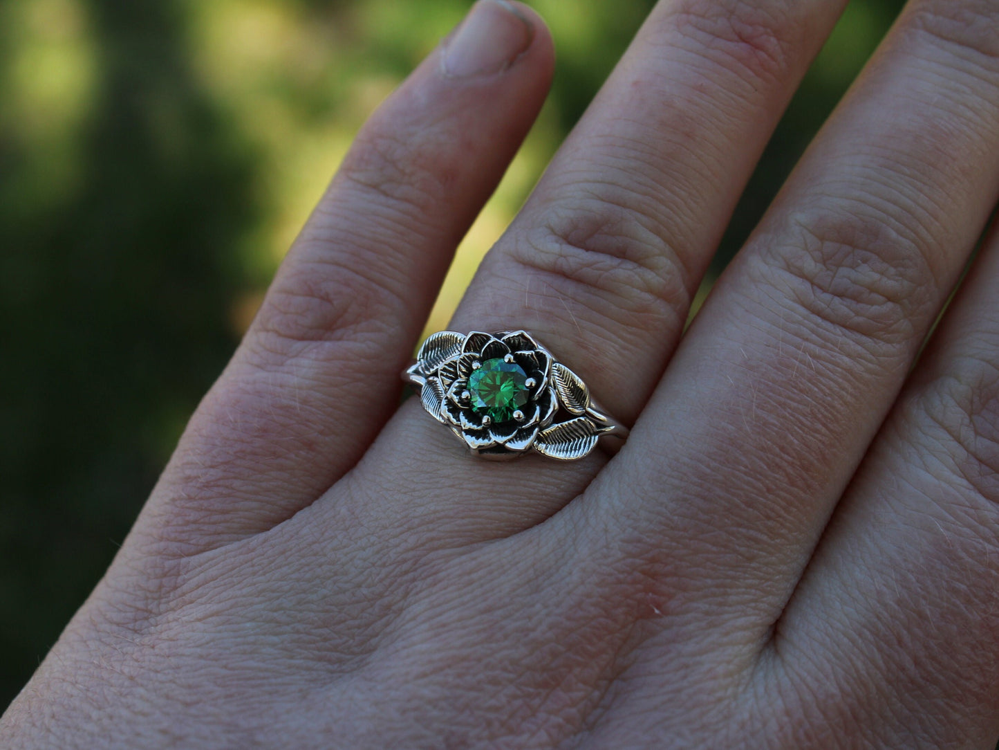 Radiant Bloom - Sterling Silver Green CZ Lotus Ring