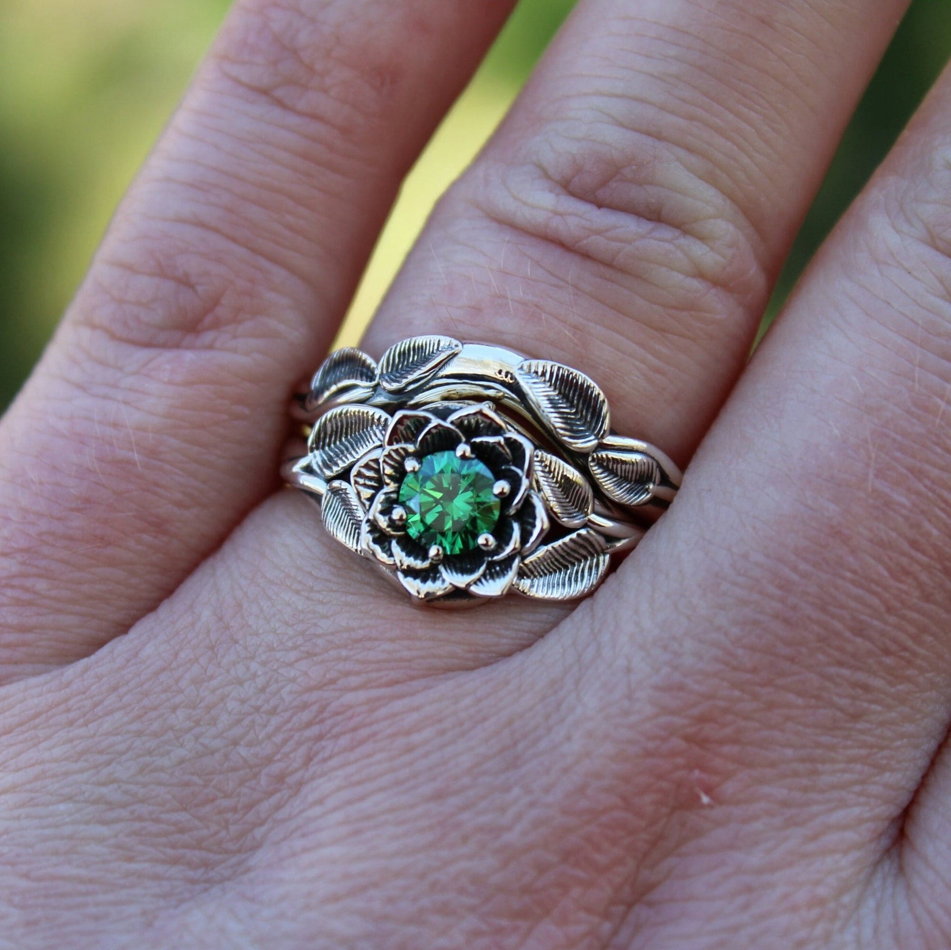 Radiant Bloom Set, Sterling Silver Green CZ Lotus Bridal Set - JF Fantasy Jewelry
