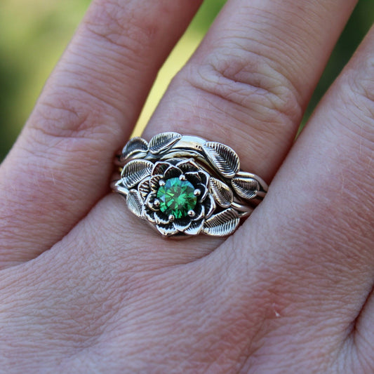 Radiant Bloom Set, Sterling Silver Green CZ Lotus Bridal Set - JF Fantasy Jewelry