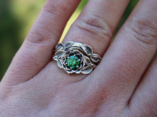 Load image into Gallery viewer, Radiant Bloom Set, Sterling Silver Green CZ Lotus Bridal Set
