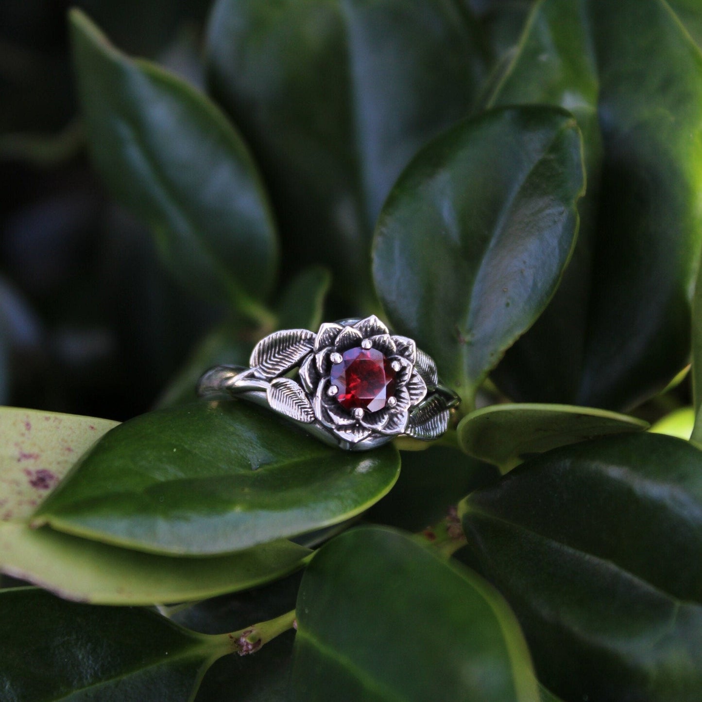 Radiant Bloom - Sterling Silver Garnet Lotus Ring