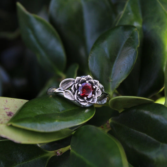 Radiant Bloom - Sterling Silver Garnet Lotus Ring