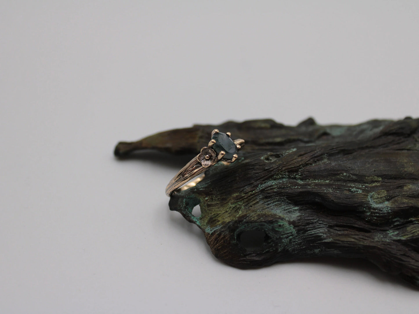 Petals and Shells - Moss Agate Gold Snail Engagement Ring - JF Fantasy Jewelry