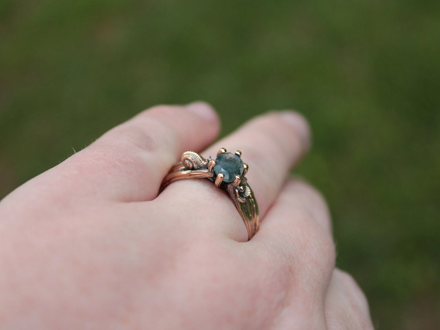 Petals and Shells - Moss Agate Gold Snail Engagement Ring - JF Fantasy Jewelry