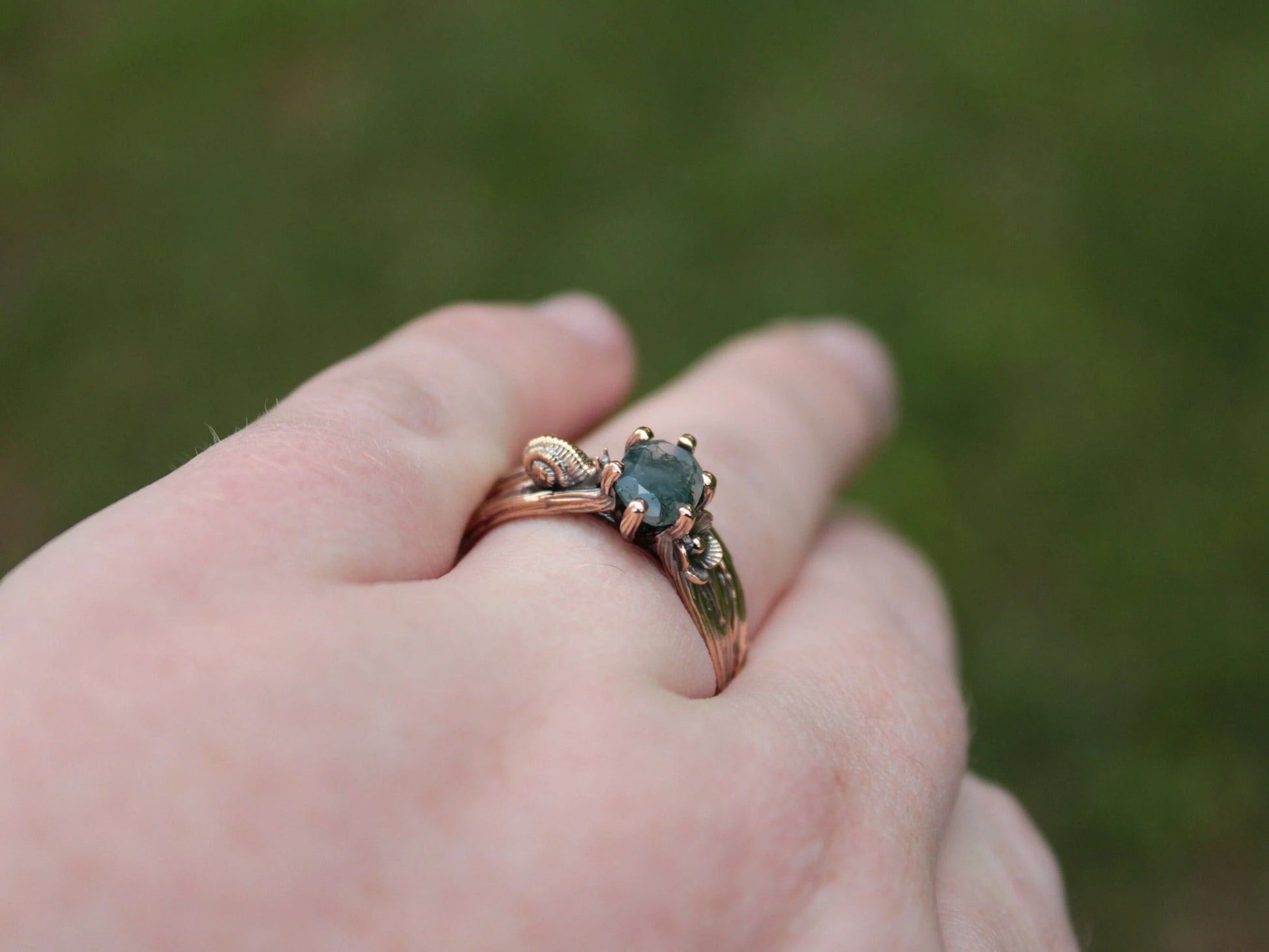 Petals and Shells - Moss Agate Gold Snail Engagement Ring - JF Fantasy Jewelry