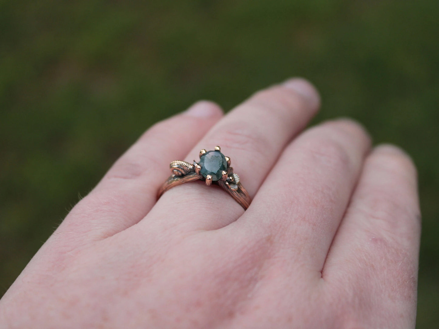 Petals and Shells - Moss Agate Gold Snail Engagement Ring - JF Fantasy Jewelry
