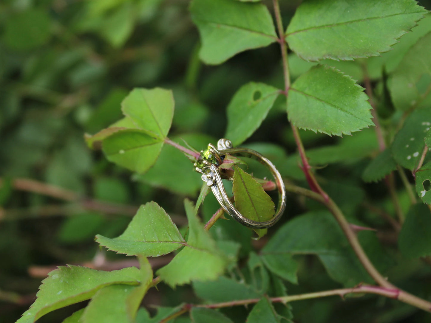 Petals and Shells - Peridot Gold Snail Engagement Ring
