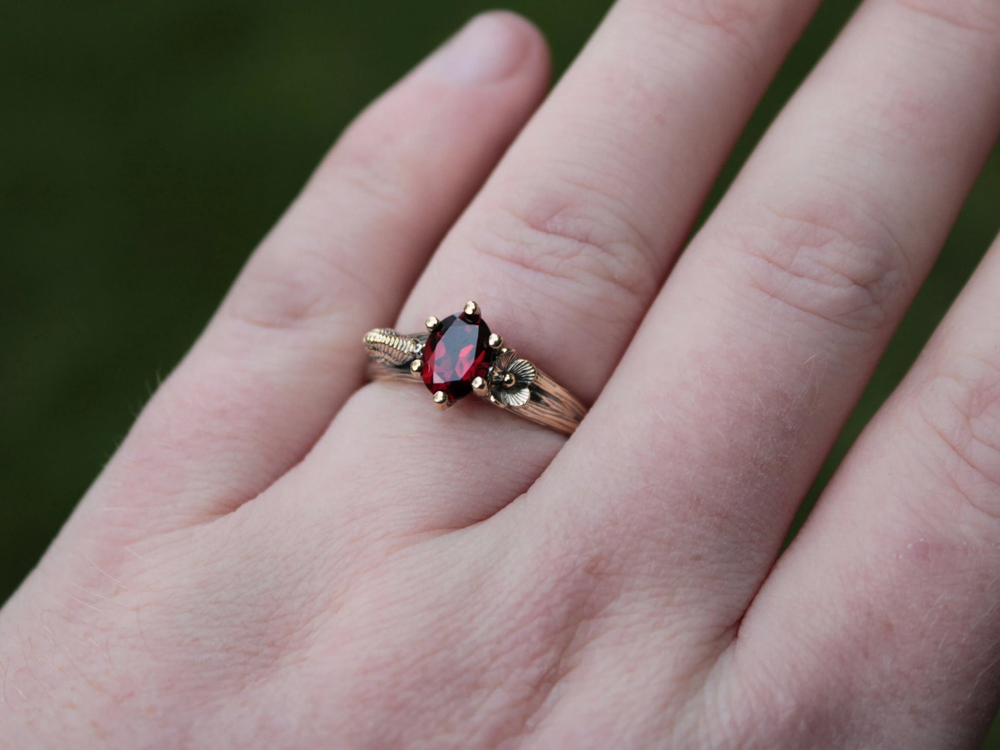 Petals and Shells Set - Garnet Gold Snail Bridal Ring Set - JF Fantasy Jewelry