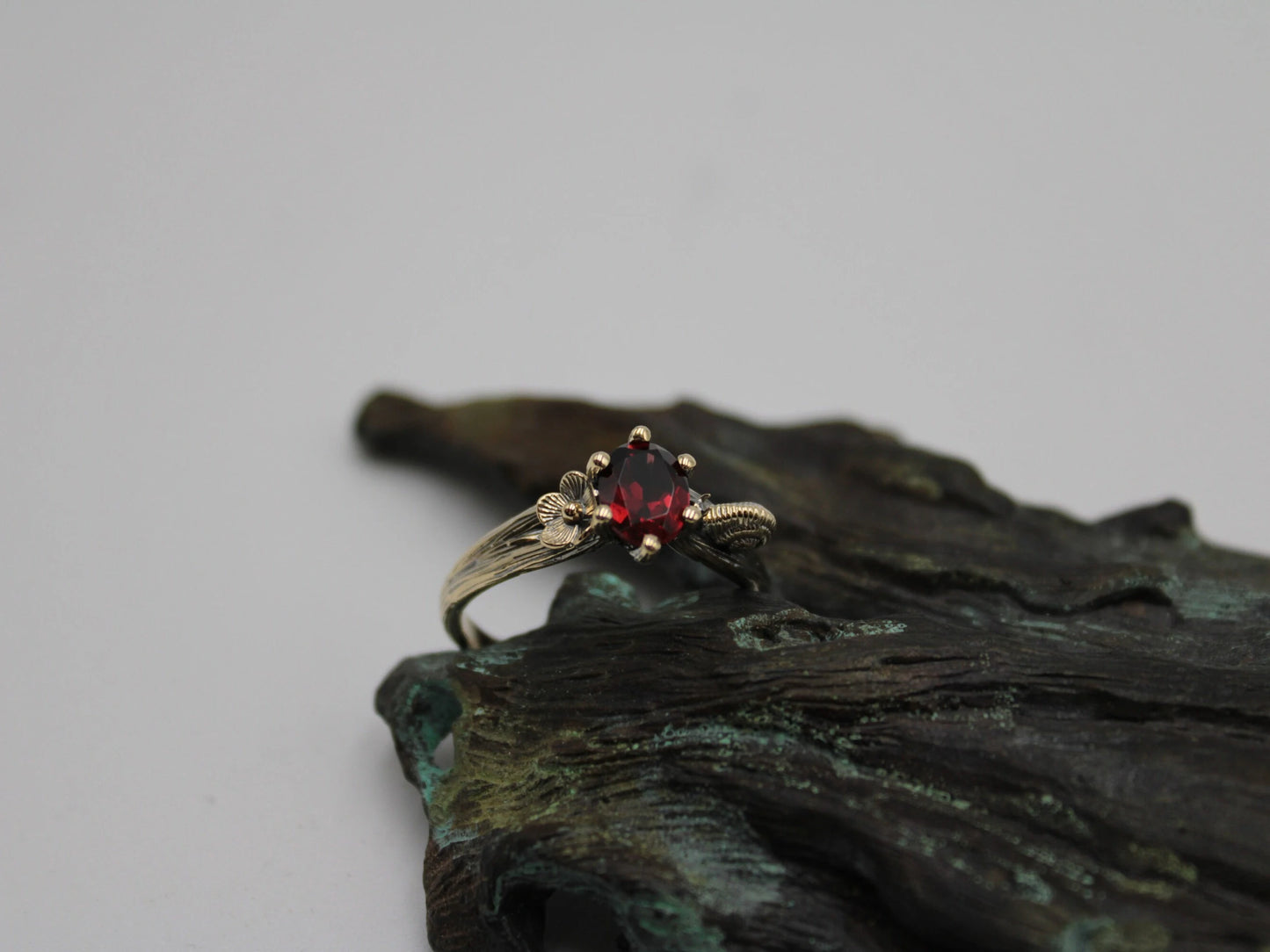 Petals and Shells Set - Garnet Gold Snail Bridal Ring Set - JF Fantasy Jewelry
