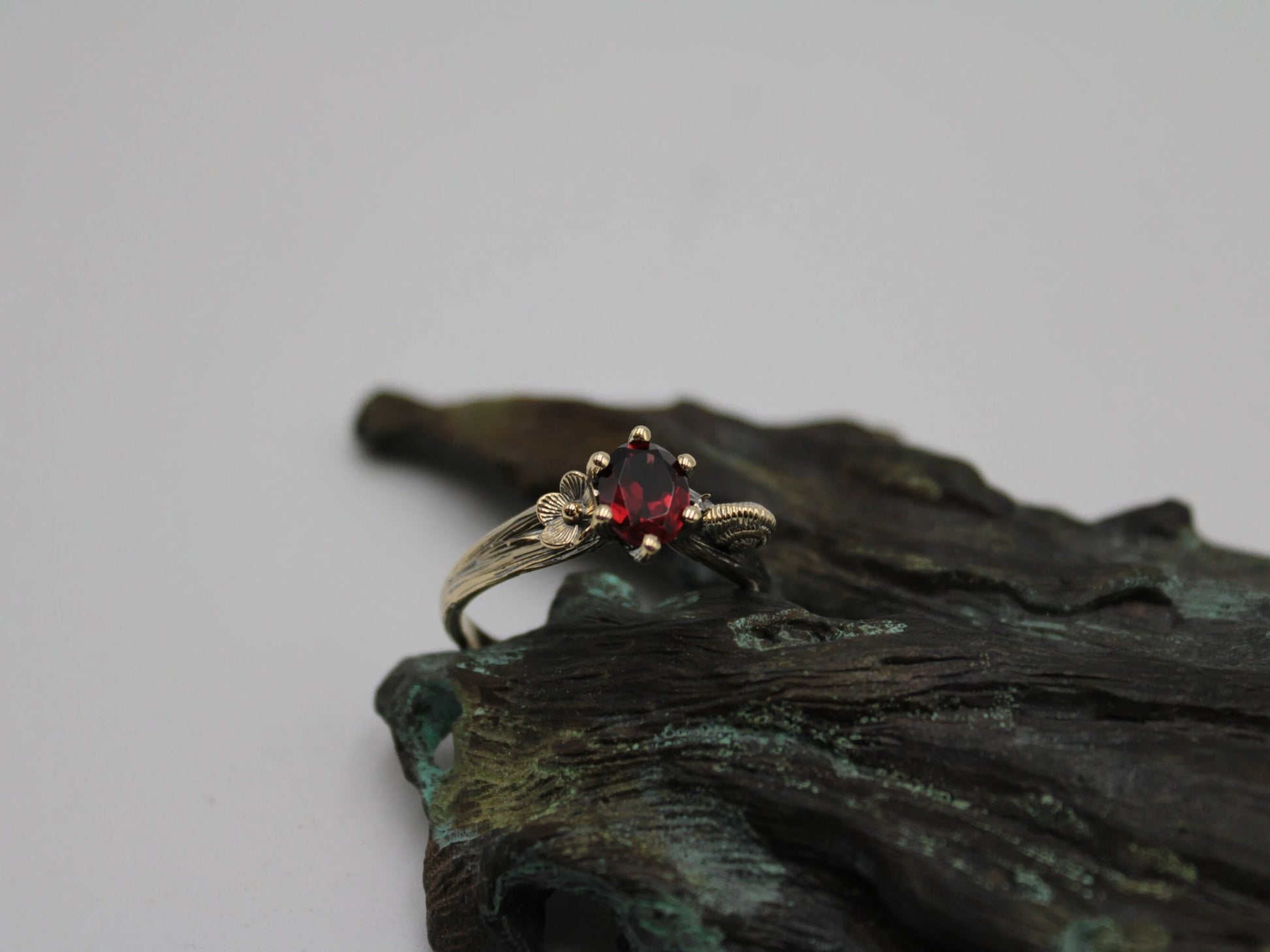Petals and Shells Set - Garnet Gold Snail Bridal Ring Set - JF Fantasy Jewelry
