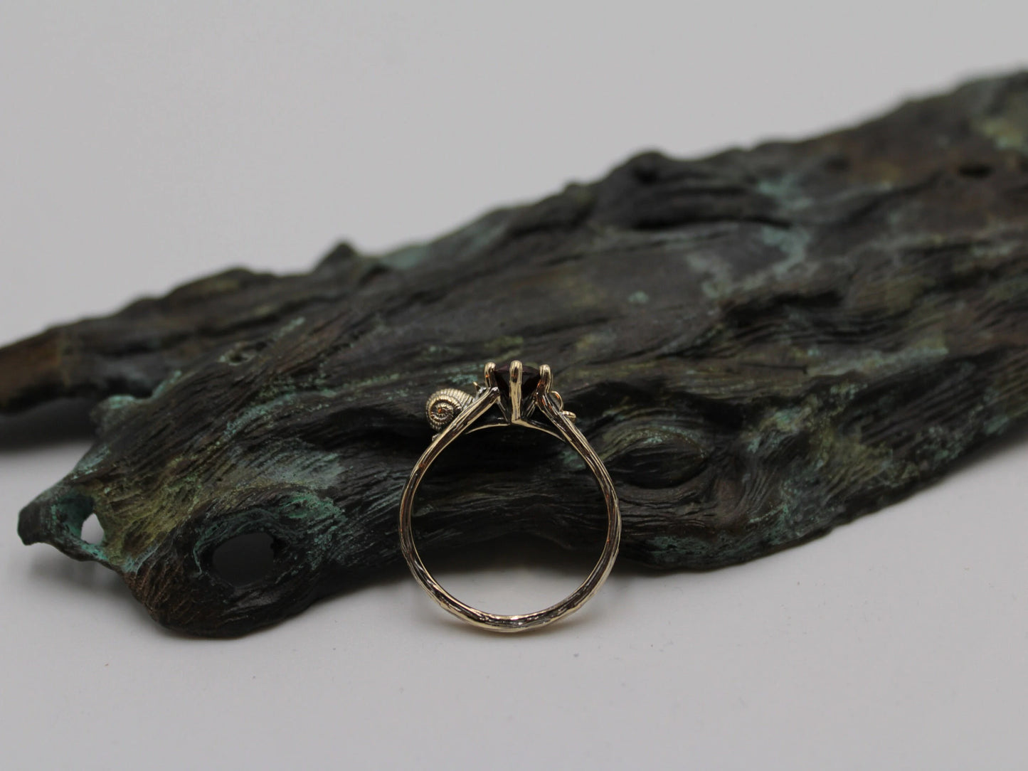 Petals and Shells - Garnet Gold Snail Engagement Ring - JF Fantasy Jewelry