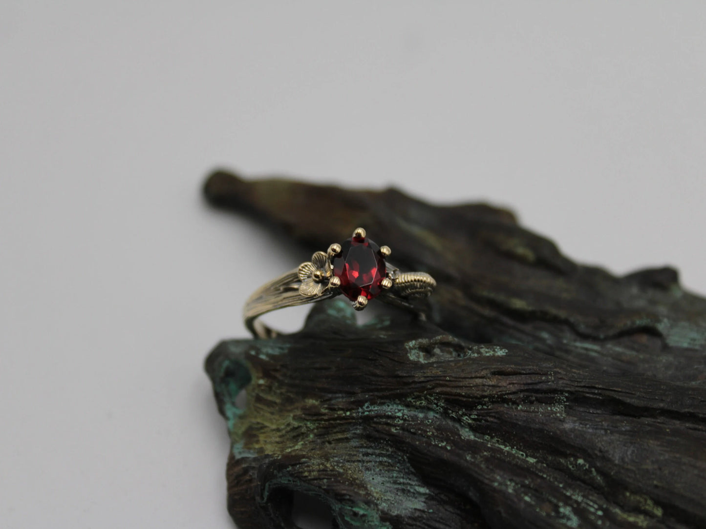 Petals and Shells - Garnet Gold Snail Engagement Ring - JF Fantasy Jewelry