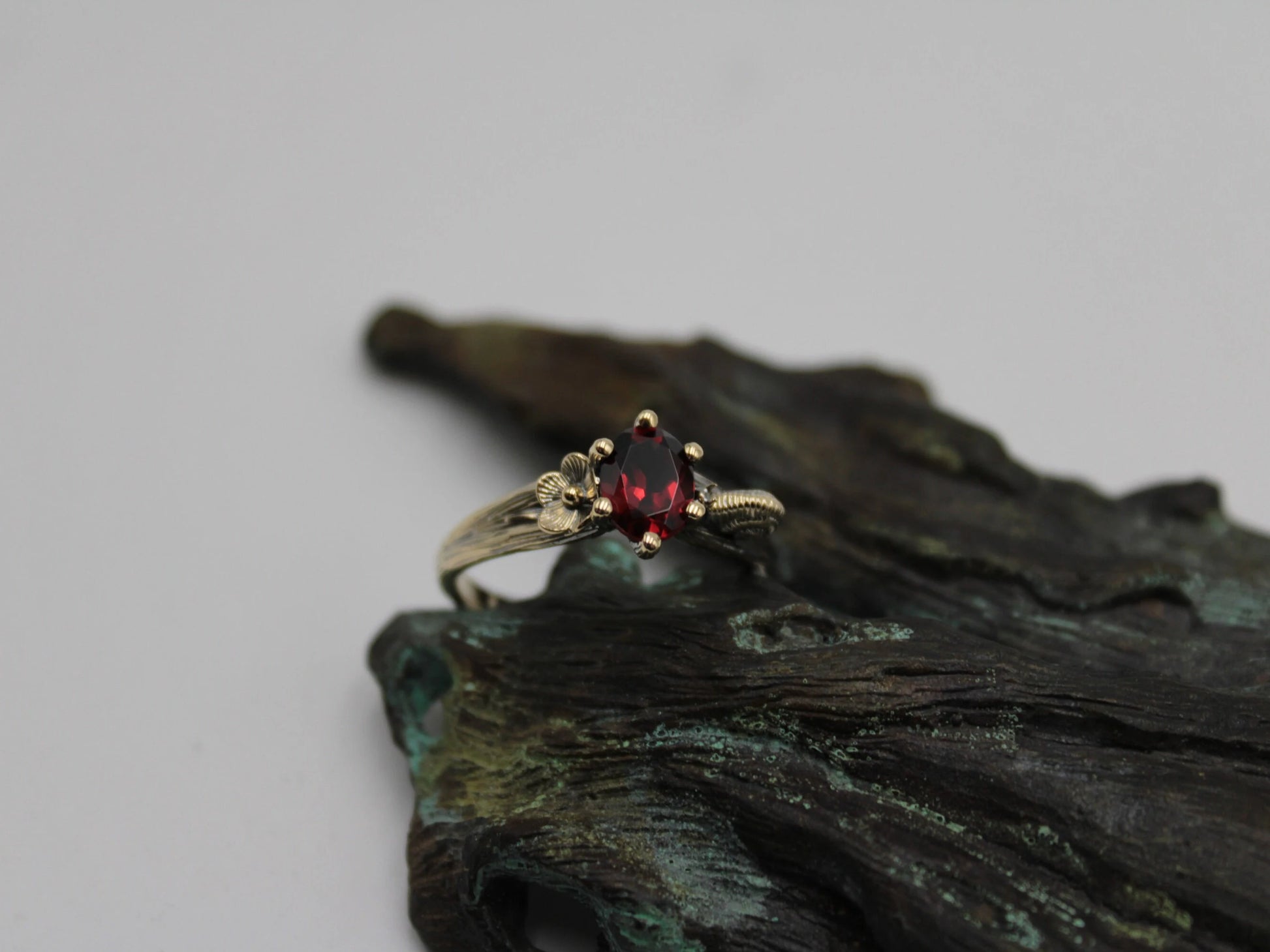 Petals and Shells - Garnet Gold Snail Engagement Ring - JF Fantasy Jewelry