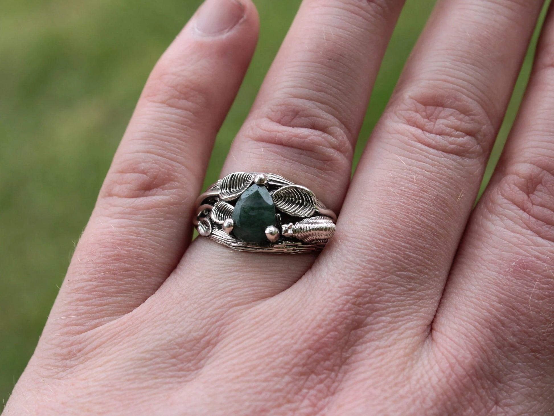 Garden Journey - Moss Agate Leaf Snail Ring - JF Fantasy Jewelry