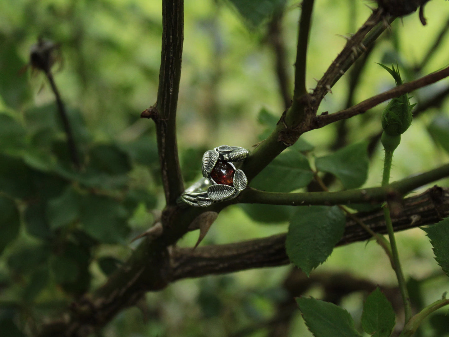 Leafy Trails - Garnet Snail Ring - JF Fantasy Jewelry