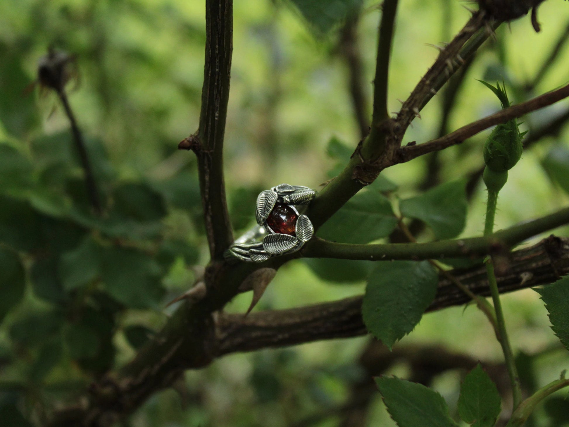 Leafy Trails - Garnet Snail Ring - JF Fantasy Jewelry