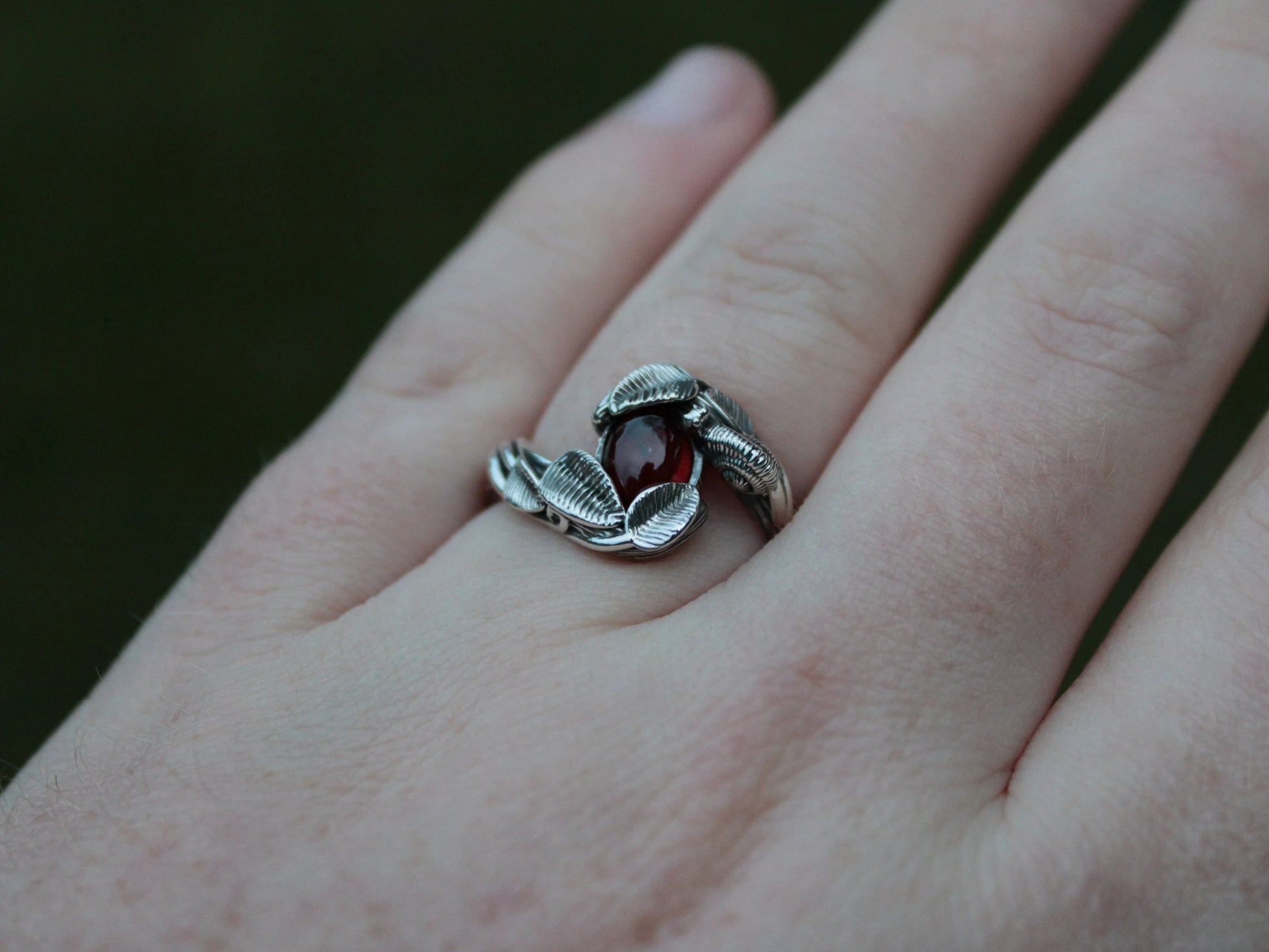 Leafy Trails - Garnet Snail Ring - JF Fantasy Jewelry