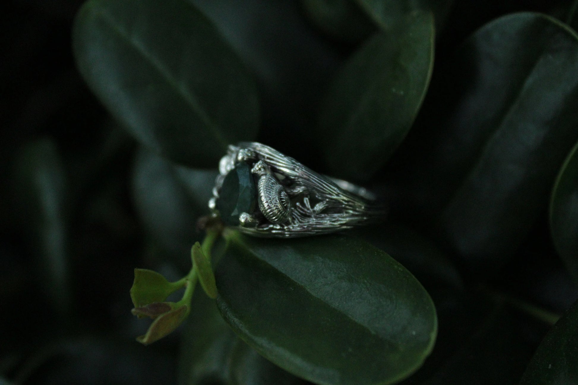 Garden Journey - Moss Agate Leaf Snail Ring - JF Fantasy Jewelry