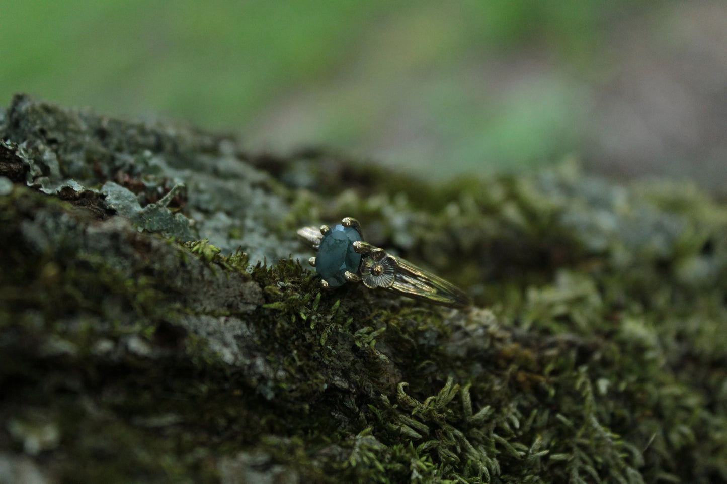 Petals and Shells - Moss Agate Gold Snail Engagement Ring - JF Fantasy Jewelry