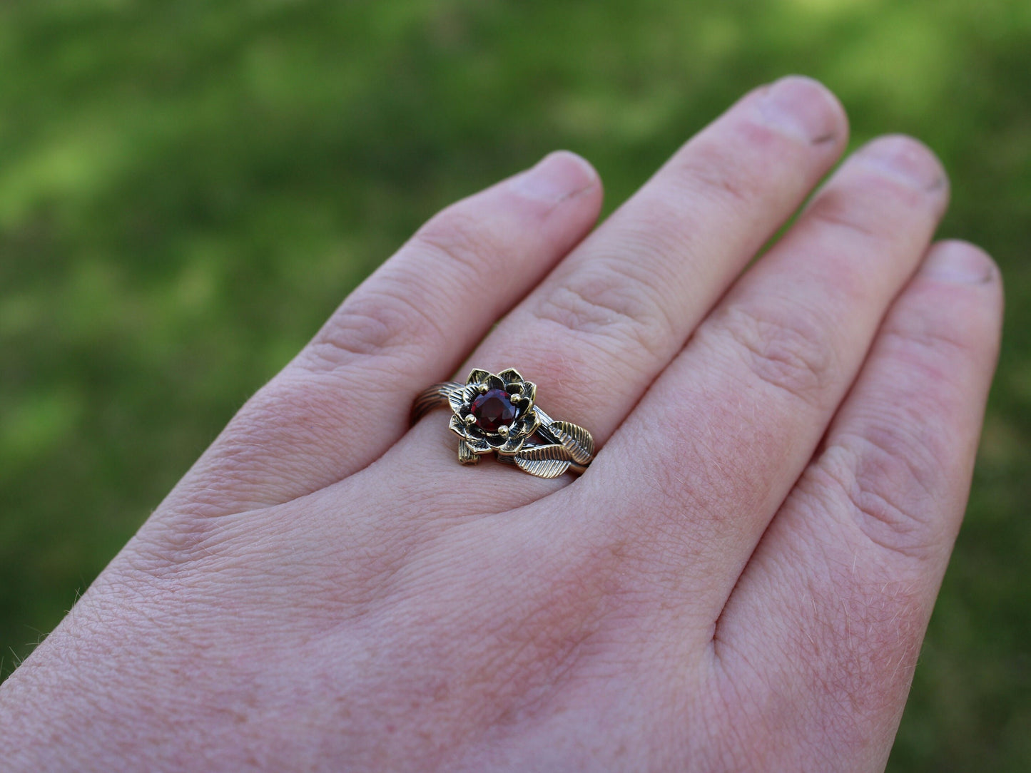 Sunset Petals, Ruby Gold Lotus Engagement Ring - JF Fantasy Jewelry