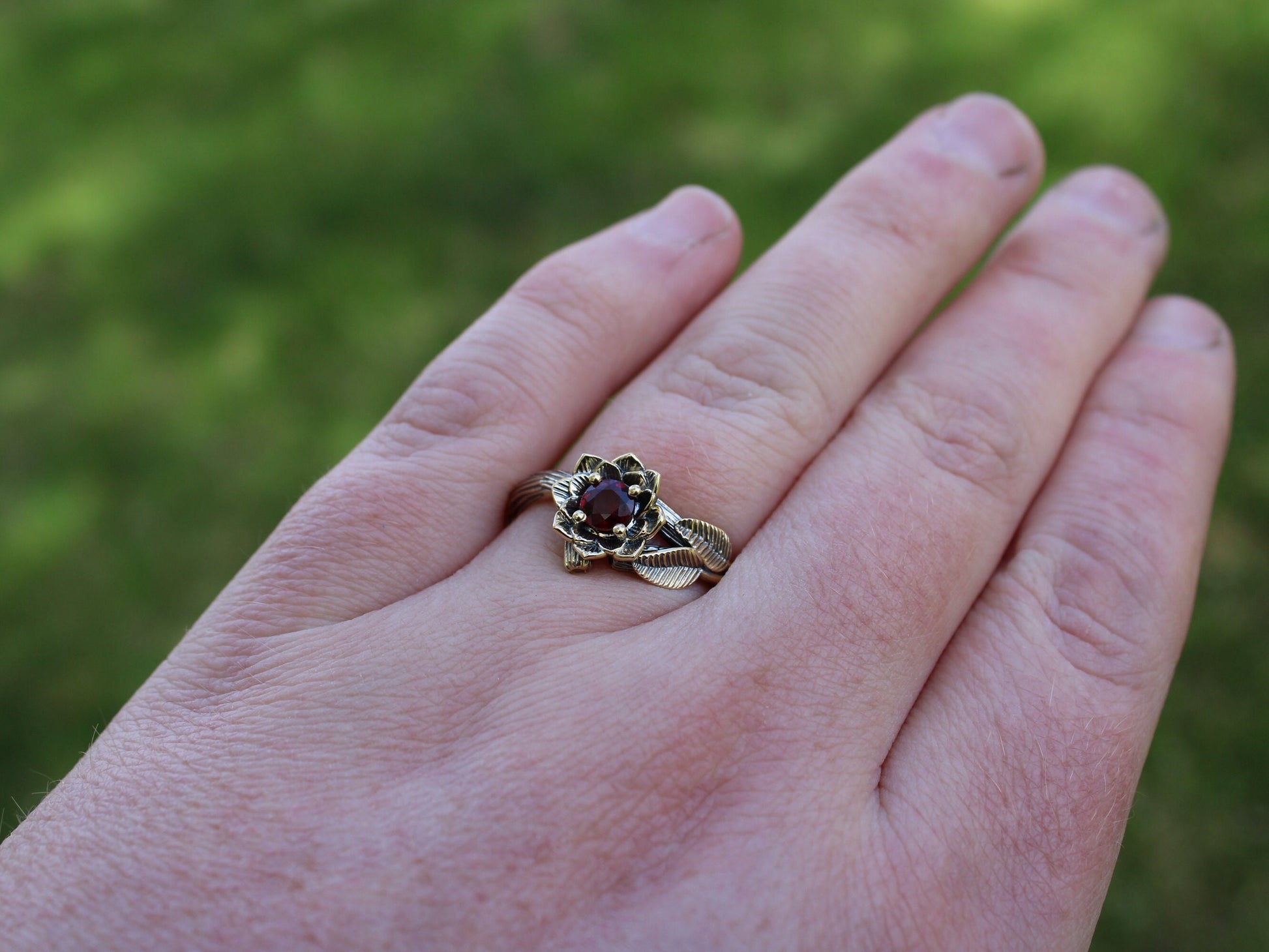 Sunset Petals, Ruby Gold Lotus Engagement Ring - JF Fantasy Jewelry